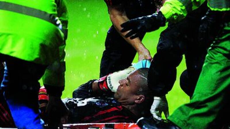 AC Milan's goalkeeper Nelson Dida lays injured after Celtic's winning goal during the UEFA Champions League Group D match at Celtic Park Glasgow on Wednesday October 3 2007.&nbsp;