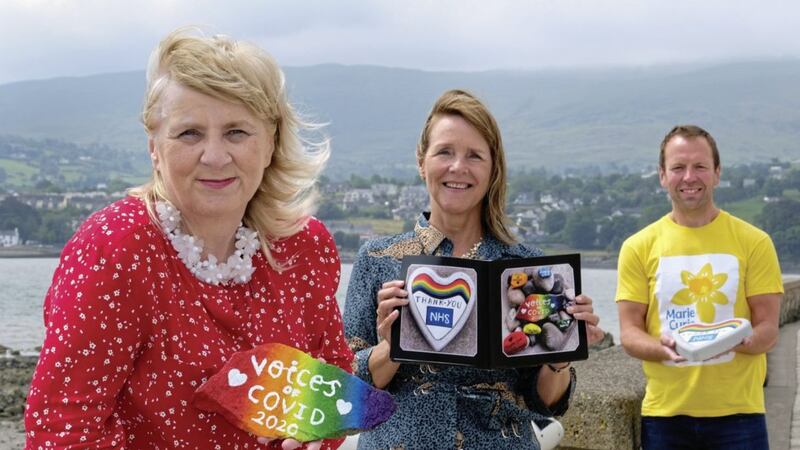Launching their appeal for contributions for the now-published Voices of Covid 2020 book are, from left, Bronagh McKeown, chairperson, Voices of Covid Project; Patricia Trainor, chairperson, PIPS Hope and Support; and Gavin McGuckin, community fundraiser, Maire Curie. Photograph: Columba O&#39;Hare/Newry.ie 