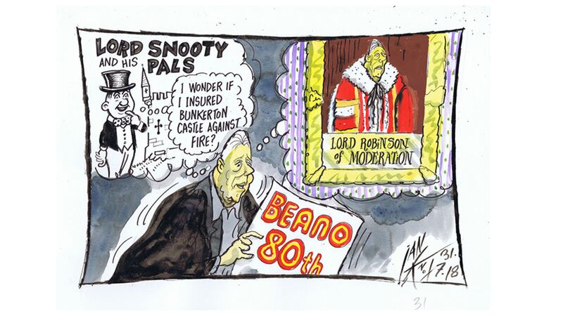 Ian Knox cartoon 31/7/18: On the eve of a historic occasion, the 80th birthday of the Beano, Peter Robison delivers a lecture to the MacGill Summer School of such clarity and reasonableness that unionism fulminates while cynics wonder if the master strategist and one-time invader of Clontibret may have ulterior motives