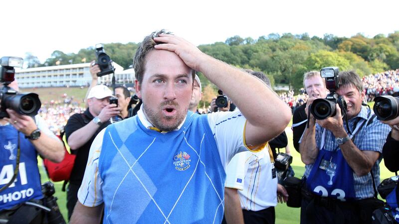 Graeme McDowell breathes a sigh of relief after defeating America's Hunter Mahan to secure a famous Ryder Cup win for Europe at Celtic Manor in 2010. Picture by PA