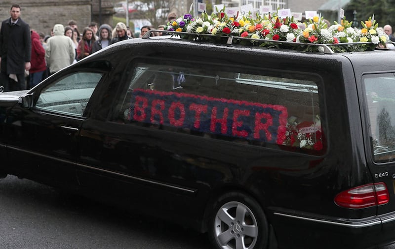 The cortege arriving at St Patrick's Church, Dungannon for the funeral of Morgan Barnard. Picture by Brian Lawless, Press Association