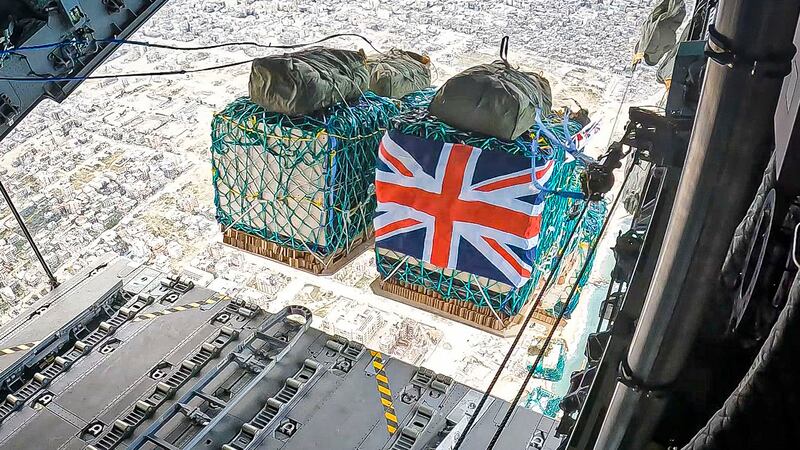 The Royal Air Force airdropped more than 10 tonnes of food supplies into Gaza for the first time (AS1 Leah Jones/Ministry of Defence via AP)