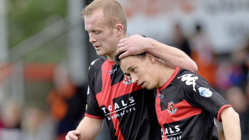 Paul Heatley (right) grabbed two late goals from the bench to seal Crusaders&#39; Co Antrim Shield semi-final berth 