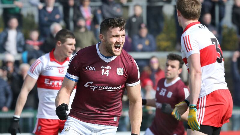 Damien Comer celebrates the second of Galway's four goals in Owenbeg yesterday as they blew Derry away. Picture by Margaret McLauughlin