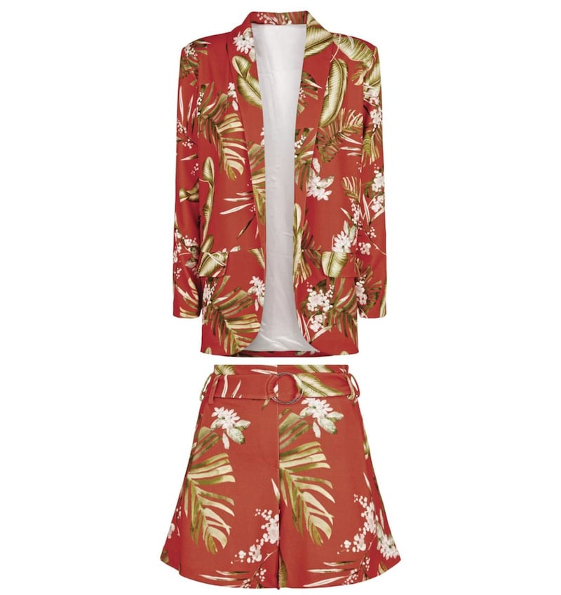 Cameo Rose Red Tropical Blazer, &pound;24.99; Red Tropical Belted Shorts, &pound;17.99, available from New Look