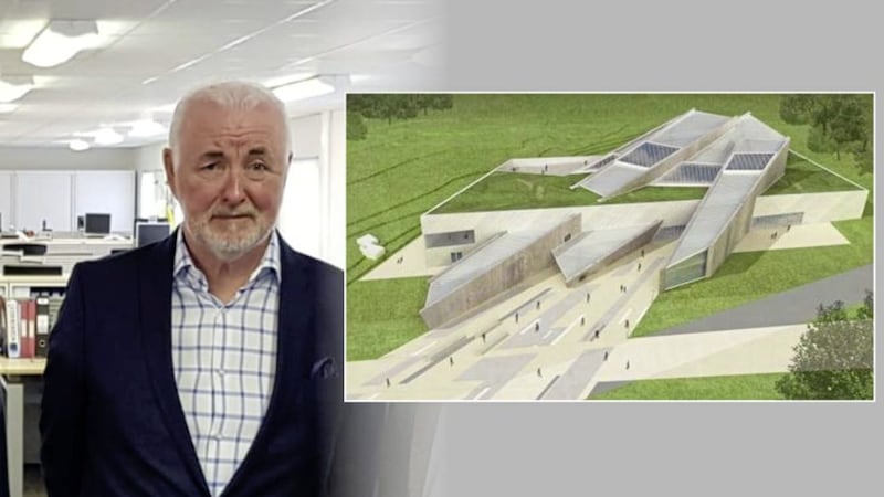 Terence Brannigan, chair of the Maze Long Kesh Development Corporation, and an artist&#39;s impression of plans for a peace centre at the Maze site 