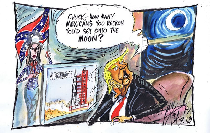 Ian Knox cartoon 17/7/19:&nbsp;On the<span style="mso-spacerun:yes">&nbsp; </span>50th anniversary of the Apollo 11 lunar landing, during a partial lunar eclipse, the US House of Representatives votes to condemn Donald Trump for his &ldquo;racist comments that have legitimised fear and hatred of New Americans and people of colour&quot;