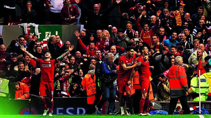 Liverpool players and supporters celebrate their dramatic Europa League victory over Borussia Dortmund&nbsp;