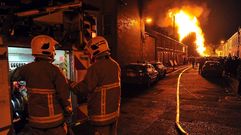 An Eleventh night bonfire ablaze just yards from houses on Chobham Street in east Belfast 