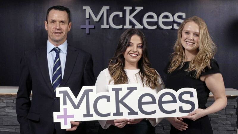 McKees managing partner Chris Ross with newly qualified solicitors Lillie Turkington and Victoria Graves, who both previously completed the trainee programme. Picture: Darren Kidd/Press Eye 
