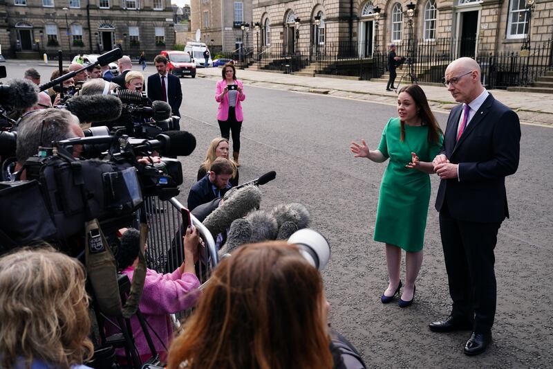 John Swinney and Kate Forbes spoke to journalists outside Bute House in Edinburgh – the official residence of the First Minister.