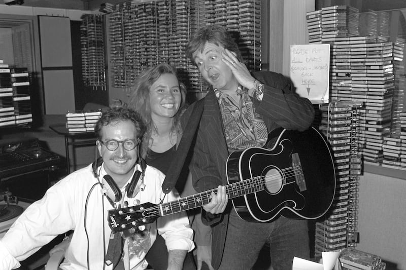 Paul McCartney surprising Radio 1 DJ Steve Wright and his production assistant Dianne Oxberry
