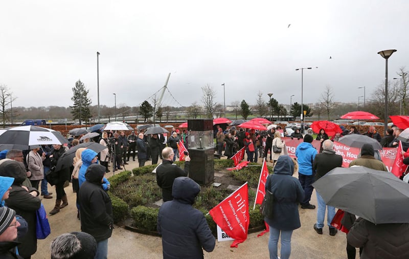 The rally held at the Peace Garden in Derry this afternoon. The rally was organised by NIPSA in response to the car bomb attack which occured last weekend outside the Court House in Derry. Picture Margaret McLaughlin &nbsp;