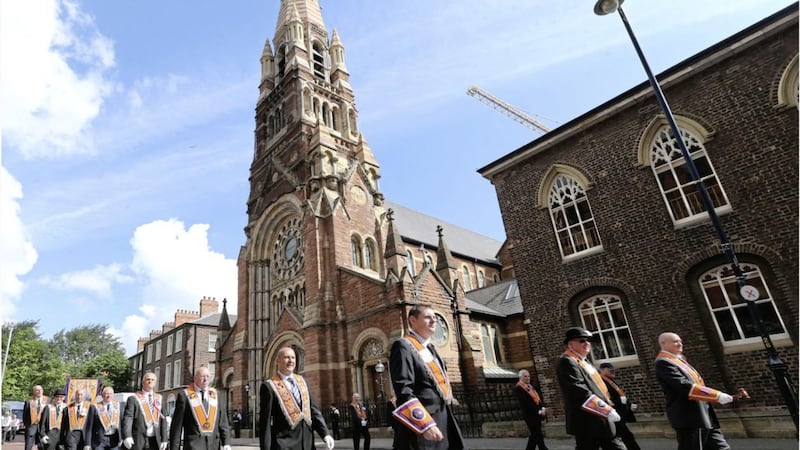 The annual Twelfth parade passed St Patrick&#39;s Church in Belfast without incident. Picture by Hugh Russell 