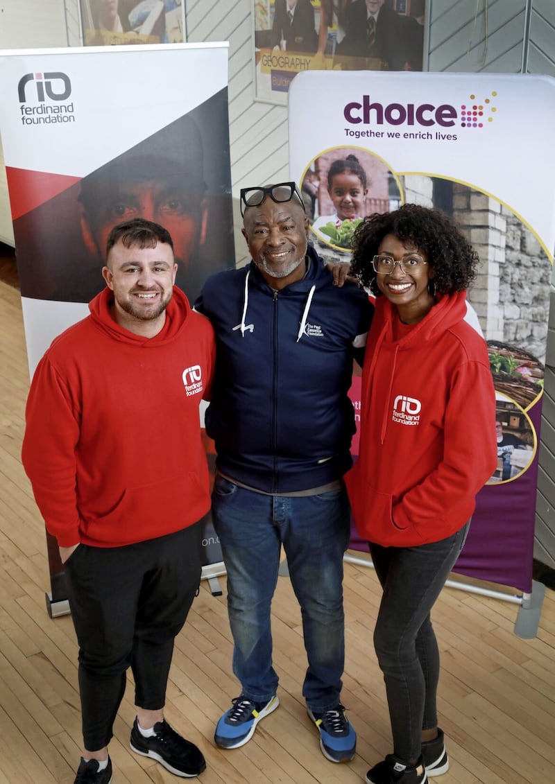 Dan Gorman, Youth Worker at the Rio Ferdinand Foundation pictured with former Chelsea FC player and matchday Ambassador Paul Canoville, Belfast Project Co-Ordinator &ndash; Rio Ferdinand Foundation, Karla McDermott. 