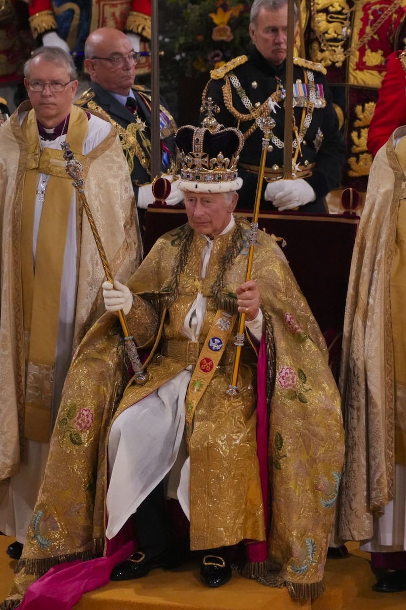 The King wearing St Edward’s Crown during his coronation in Westminster Abbey