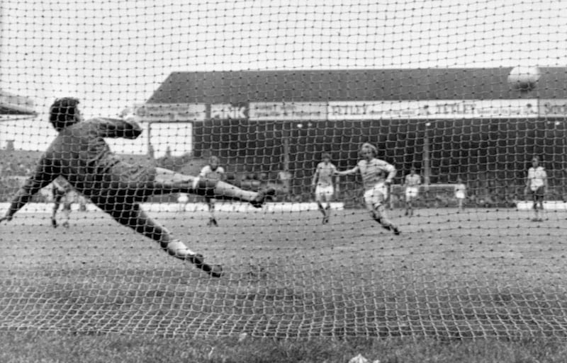 Francis Lee sends Crystal Palace goalkeeper John Jackson the wrong way from the penalty spot 