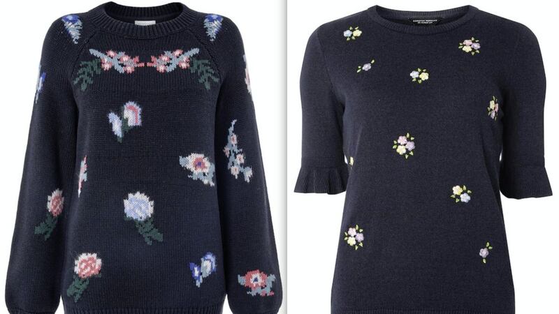 Left, Monsoon Mara Multicolour Jacquard Jumper, &pound;69; right, Dorothy Perkins Navy Knitted Embroidered T-Shirt, &pound;18 