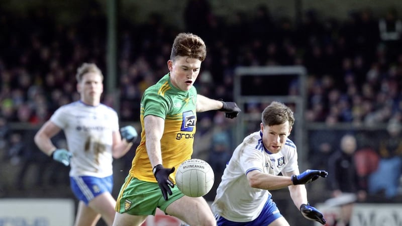 Donegal&#39;s Niall O&#39;Donnell with Karl O&#39;Connell of Monaghan. Picture by Margaret McLaughlin 