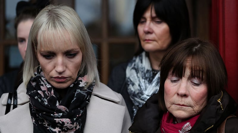 Clodagh Hawe's mother Mary Coll (right) and sister Jacqueline Connolly (left) outside Cavan Court House following the inquest into the deaths of the Hawe family last year. Picture by&nbsp;Brian Lawless/PA Wire