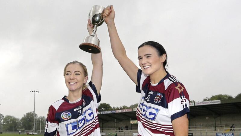 Slaughtneil joint-captains Grainne Ni Chaithain (left) and Siobhan Bradley celebrate after beating Ballinascreen in this year's Derry Final.<br /> Picture Margaret McLaughlin