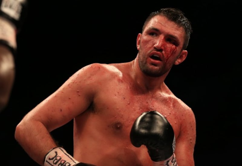 Hughie Fury with a cut to his eye during the Vacant WBO Intercontinental Heavyweight Championship