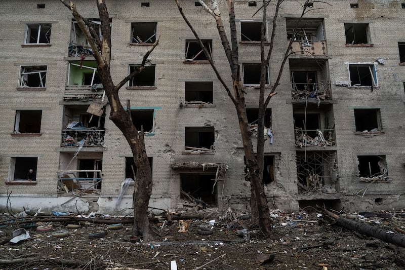 A residential building is heavily damaged following a Russian air strike in Lukiantsi, Kharkiv region, Ukraine (Evgeniy Maloletka/AP)