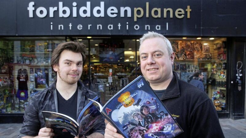 Chris Thompson and Connor Flanagan who are launching the comic Space Precinct Reloaded. Picture by Mal McCann 