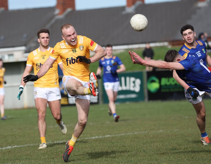 Antrim’s Marc Jordan with a shot at goal during Sunday’s Allianz Football League Roinn 3 game at Corrigan Park in Belfast
PICTURE COLM LENAGHAN