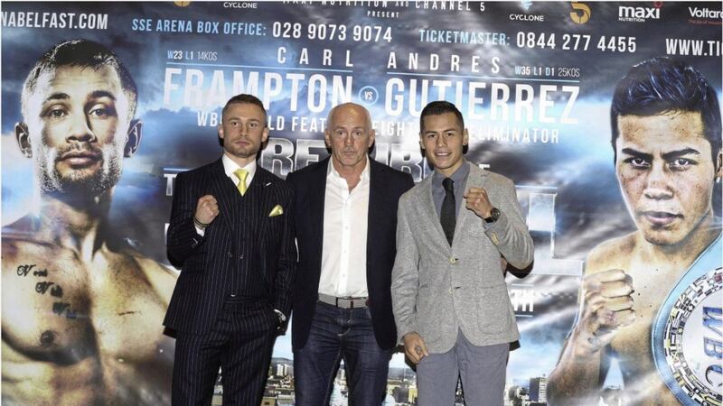 Carl Frampton and Barry McGuigan at the press conference prior to last month&#39;s scheduled showdown with Andres Gutierrez. Picture by Hugh Russell 