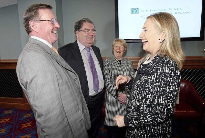 Former US Secretary of State Hilary Clinton meeting David Trimble (left) and John Hume in 2012. Picture by Paul Faith/PA Wire 