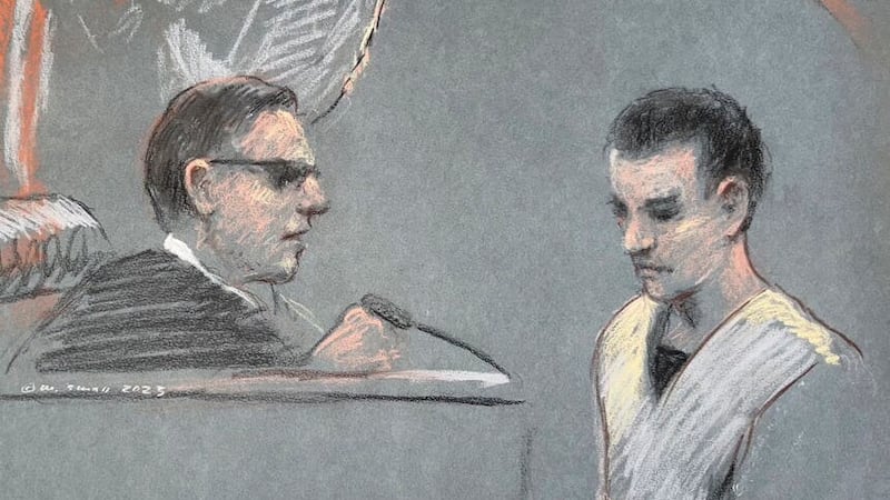 An artist’s depiction of Jack Teixeira appearing in court earlier this year (Margaret Small via AP)