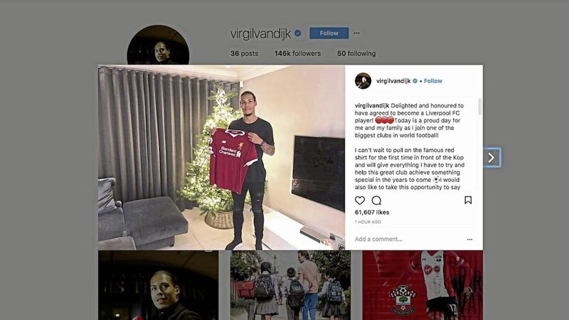 Screen grab taken from the Instagram account of Virgil Van Dijk which features a photo of him holding up a Liverpool FC shirt after his &pound;75m switch from Southampton had been announced 