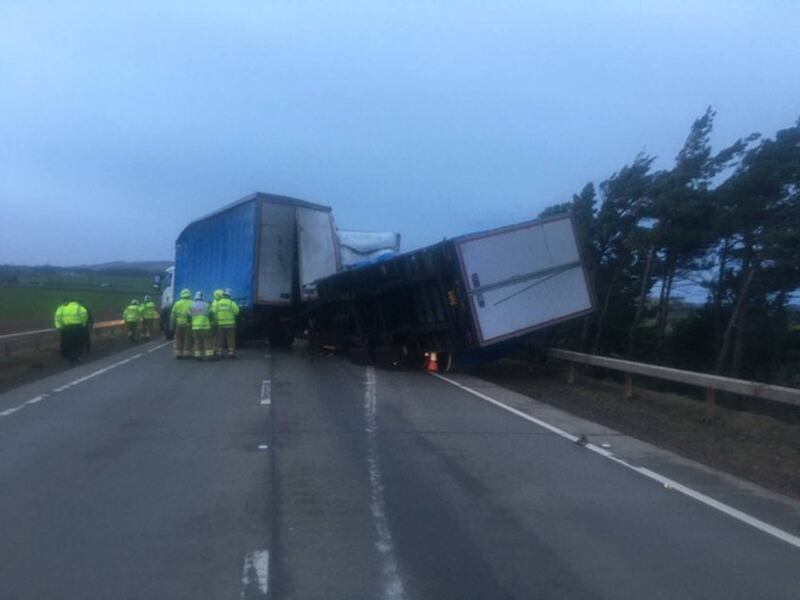 The two lorries blown over on the A1