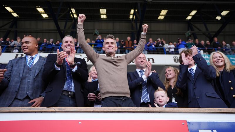 Ipswich manager Kieran McKenna celebrates his side’s promotion to the Premier League
