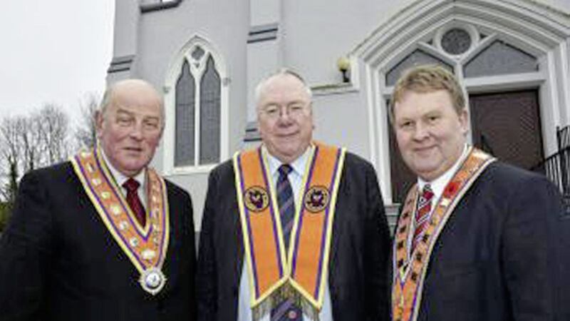 (Left to right) Senior Orangemen Edward Stevenson, Rev Mervyn Gibson and Harold Henning 