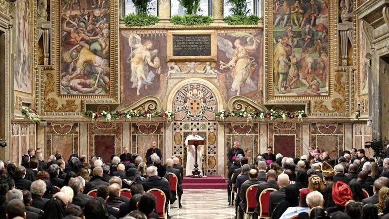 Pope Francis speaks during an audience with diplomats accredited to the Holy See for the traditional exchange of new year greetings, at the Vatican. Picture by Alberto Pizzoli, Pool Photo/Associated Press