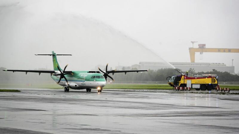 A water cannon salute for one of the five ATR72-600 aircraft now based at Belfast City Airport. 