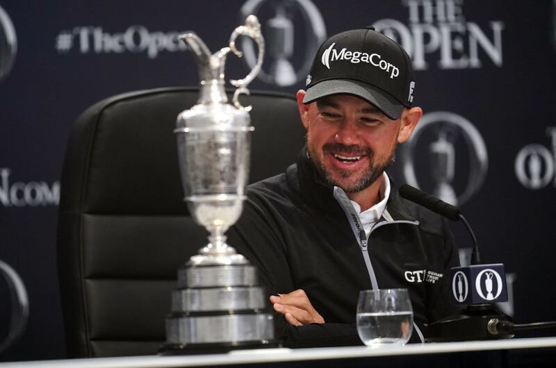 Brian Harman with the Claret Jug during a press conference after winning The Open at Royal Liverpool