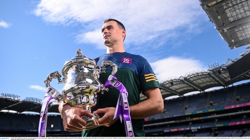 Paddy O'Rourke with the Tailteann Cup at Croke Park earlier in the week     PICTURE: Sportsfile 