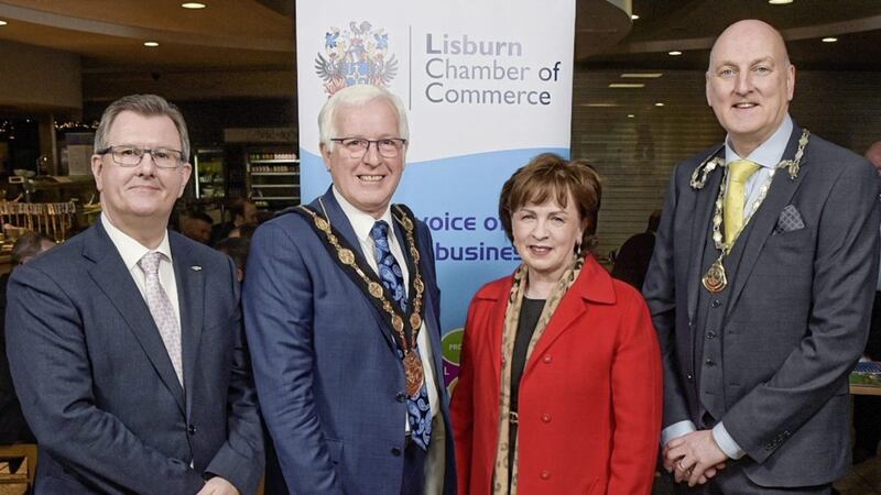 L-R: Lagan Valley MP, Jeffrey Donaldson; mayor of Lisburn and Castlereagh City Council, Alan Givan; Economy Minister Diane Dodds; and president of Lisburn Chamber of Commerce, Garry MacDonald 