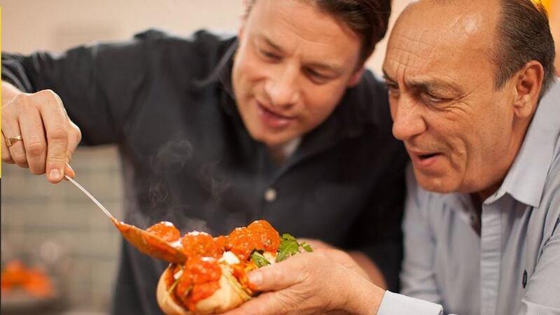 Chef Gennaro Contaldo and Jamie Oliver seen on the latter&#39;s YouTube channel &ndash; Contaldo is credited with having taught Oliver about Italian cooking 