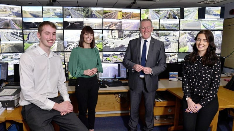 Infrastructure Minister Nichola Mallon and Finance Minister Conor Murphy with placement students Ryan Gilbert and Rebecca Wallace launch this year&#39;s Civil Service student placement scheme at traffic control and information centre 