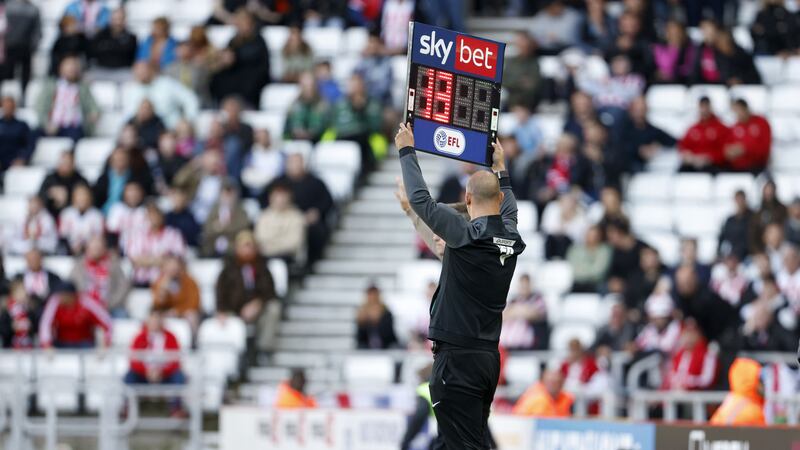 The fourth official indicates 13 added minutes at the Sunderland v Ipswich game in the Championship last weekend (Richard Sellers/PA)