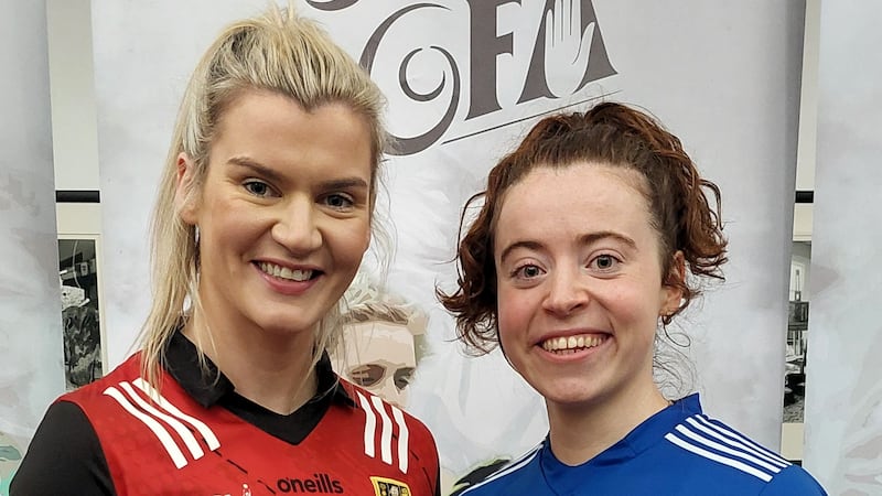 Cavan captain Aine Brady with Down counterpart Meghan Doherty at the launch of Ulster IFC
