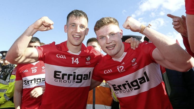 Derry&#39;s Shane McGuigan (left) and Ethan Doherty celebrate after beating Donegal in the Ulster final at Clones Picture: Margaret McLaughlin 