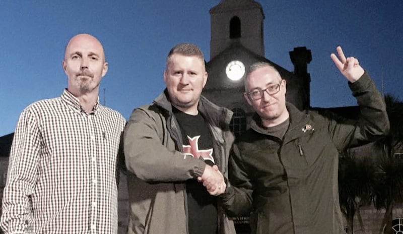 Britain First leader Paul Golding, centre, in 2015 with two supporters outside a &quot;big new mosque&quot; in Newtownards, which is actually Ards Arts Centre 