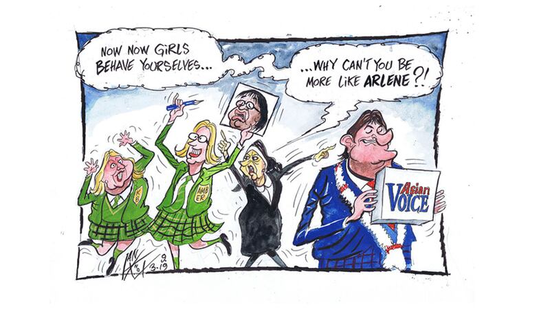 Ian Knox cartoon 13/3/19: Wilder, wackier but not so funny as the Derry Girls, Amber Rudd and Karen Bradley cause embarrassment to Mother Theresa by referring to Diane Abbott as &ldquo;coloured&rdquo;, and describing the security forces murders of innocent Catholics as &ldquo;dignified&quot;.  The award that everyone was looking out for, 'Asian Voice Female Politician of the Year' is carried off by who else but Arlene Foster