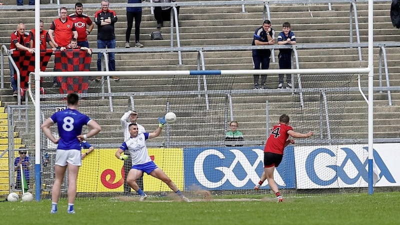 Cavan&#39;s Raymond Galligan saves Barry O&#39;Hagan&#39;s retaken penalty during the Tailteann Cup round one between Cavan and Down at Kingspan Breffni in Cavan. The Cavan goalkeeper was also his side&#39;s top scorer on the day with 0-7 to his name Picture: Philip Walsh. 