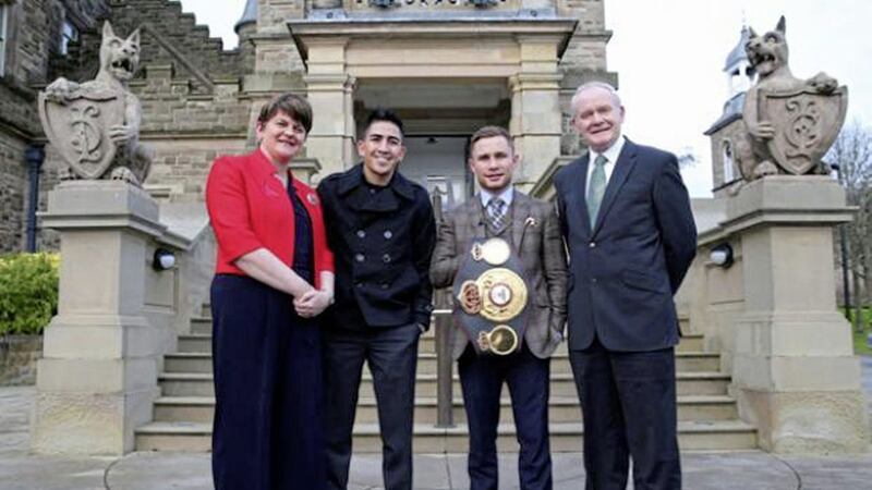 First Minister Arlene Foster with boxers Leo Santa Cruz and Carl Frampton and deputy First Minister Martin McGuinness 